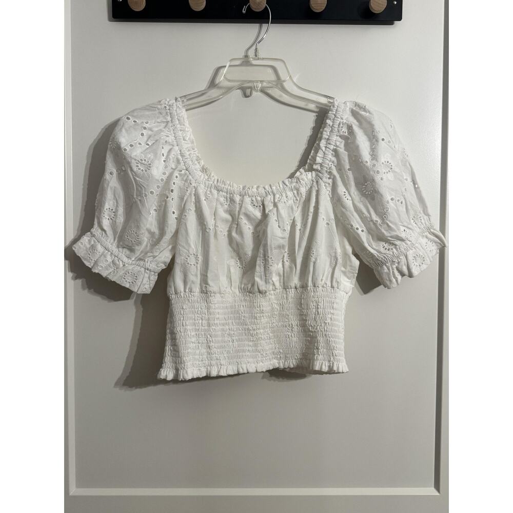 Jennifer & Grace Blouse Sz L White Eyelet Cropped Puff Sleeve Top Coquette - Picture 3 of 8